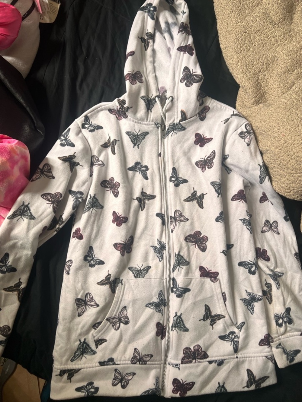 Girls' White Butterfly Zip-Up Hoodie Jacket